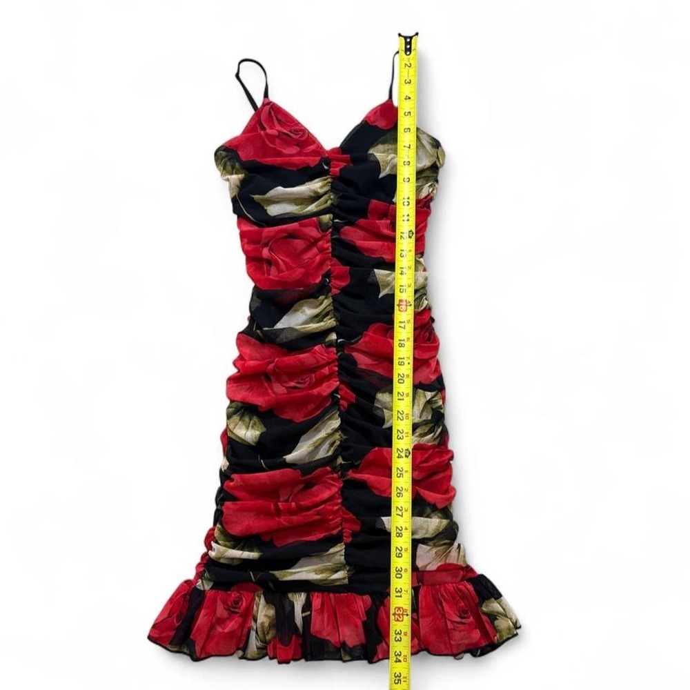Y2K Ruffle Mini Dress Romantic Coquette Party Leyva's USA Rose Print Ruched S - Picture 4 of 8